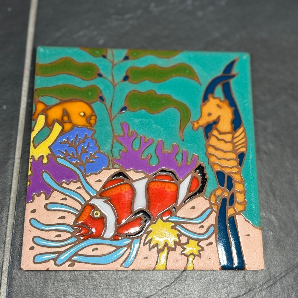 Vintage Hand Painted Art Tile Underwater Clownfish Seahorse Tropical Decor 6x6
